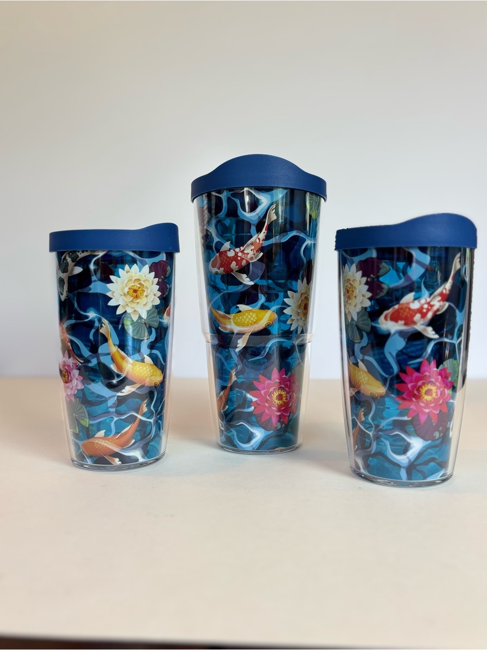 Tervis Koi Fish Water Lily Insulated Tumbler Set of 3 w/ Lids 16oz & 24oz New